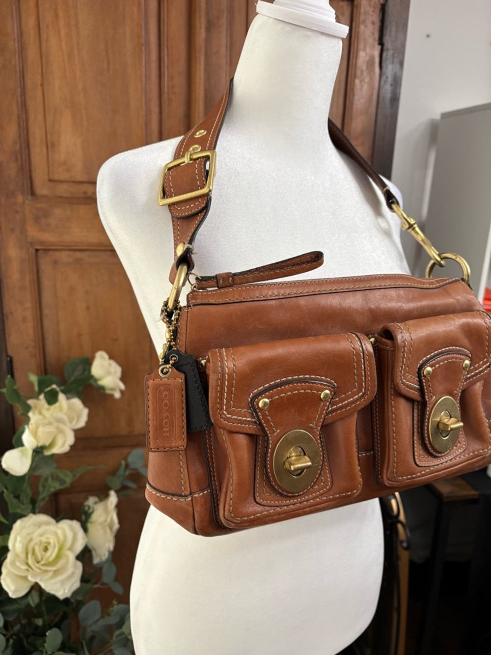 Coach Brown Leather Shoulder Bag with Light Blue Lining